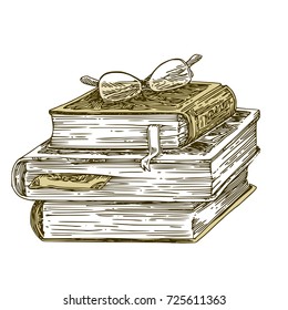 Pile of old books and glasses. Vintage style. Vector illustration.