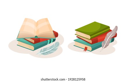 Pile of Old Books in Hard Cover with Quill for Writing Vector Set