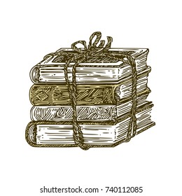 Pile of old books tied with a rope. Vintage style. Vector illustration.