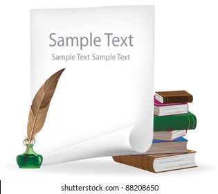 Pile of old books, white sheet of paper, inkwell and feather