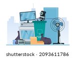 Pile of old broken appliances and electronics, e-waste dump. Destroyed devices in trash can. Electrical garbage recycle, flat vector concept. Illustration of old trash device, garbage refrigerator