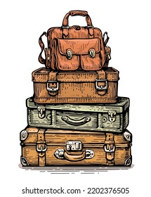 Pile of old vintage suitcases. Colorful briefcases stack, travel bags, luggage with locks and handles. Vacation concept