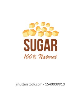 A pile of one hundred percent natural brown sugar cubes from sugar cane with text. Isolated vector illustration with cubes of brown cane sugar.