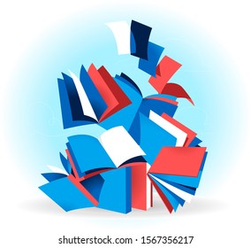 Pile of open colorful books. Vector illustration isolated on white background