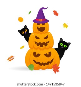 Pile of orange halloween pumpkins set with scary faces expression grimace. Autumn leaves with witch hat and black cats behind flat style design vector illustration isolated on white background.