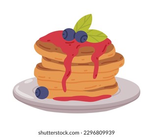 Pile of Pancakes with Jam and Berry on Top as Tasty Breakfast or Brunch with Typical Food Vector Illustration