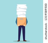 Pile of paper, busy businessman with stack of documents in carton, cardboard box. Paperwork. Bureaucracy concept. Stressed employee. Vector cartoon design