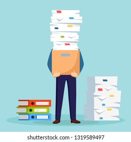 Pile of paper, busy businessman with stack of documents in carton, cardboard box. Paperwork. Bureaucracy concept. Stressed employee. Vector cartoon design