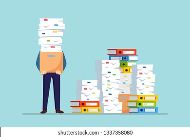 Pile of paper, busy businessman with stack of documents in carton, cardboard box, folder. Paperwork. Bureaucracy concept. Stressed employee. Vector cartoon design