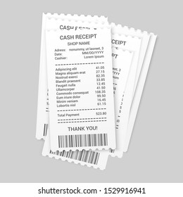 Pile of paper cash receipts template in realistic style on gray background. Isolated vector illustration