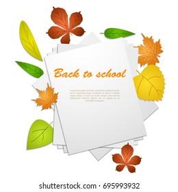 Pile of paper with colorful autumn leaves. Isolated elements on white background. Vector Illustration. Typographic template for text message. Perfect for seasonal greetings. Back to school concept. 