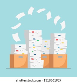 Pile of paper, document stack with carton, cardboard box. Paperwork. Vector cartoon design