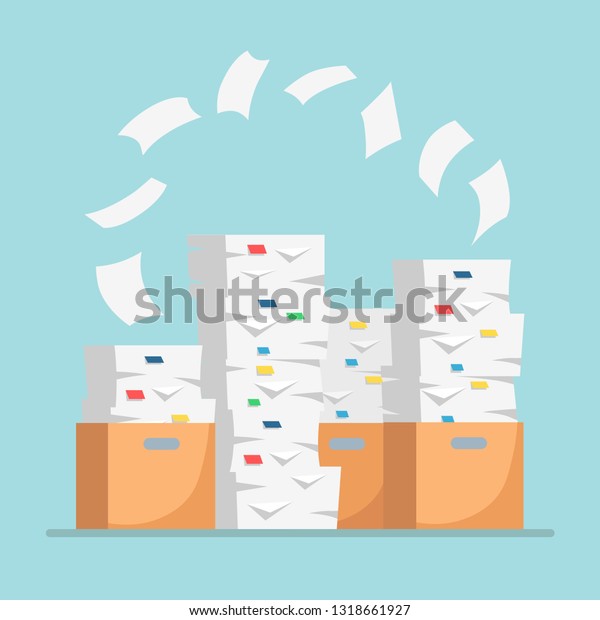 Pile of paper, document stack with\
carton, cardboard box. Paperwork. Vector cartoon\
design