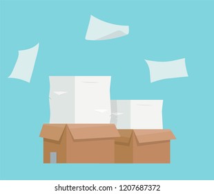 Pile of paper documents, boxes and folders. Bureaucracy, paperwork, office. Printer copy scanner device. Professional printing station. Vector illustration in flat style