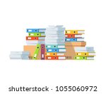Pile of paper documents and file folders. Carton boxes. Bureaucracy, paperwork, office. Vector illustration in flat style.