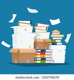 Pile of paper documents and file folders in carton boxes. Paperwork in office. Flat cartoon style vector illustration.