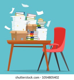 Pile of paper documents and file folders in carton boxes on office table. Flat cartoon style vector illustration.