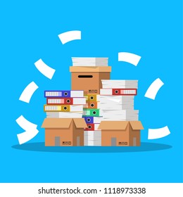 Pile of paper documents and file folders. Carton boxes. Bureaucracy, paperwork, office. Vector illustration in flat style