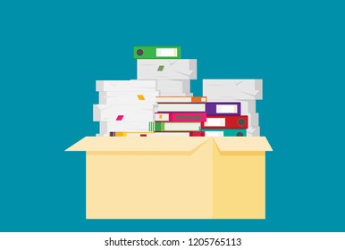 Pile of paper documents and file folders. Bureaucracy, paperwork, office. Vector illustration in flat style