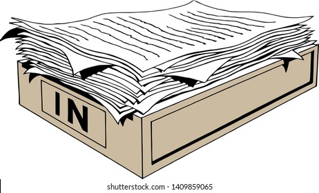 Pile of paper documents and file folders in carton boxes on office table. Flat cartoon style vector illustration.