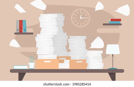 Pile Of Paper Documents And File Folders. Carton Boxes. Bureaucracy, Paperwork, Office. Vector Illustration In Flat Style