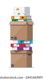 Pile of paper documents, file folders and cardboard boxes. Huge paperwork and bureaucracy, big data concept. Unorganized messy stack of papers and office work. Flat vector illustration