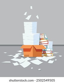 Pile of paper documents and file folders. Carton boxes. Bureaucracy, paperwork, office. Vector illustration in flat style