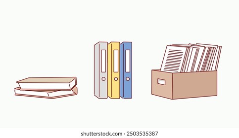 Pile of paper documents and file folders, Unorganized paper sheets and file binders. Hand drawn style vector design illustrations.