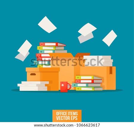 Pile of paper documents and file folders. Carton boxes. Bureaucracy, paperwork, office icon. Working with the archive print. Vector illustration in flat style