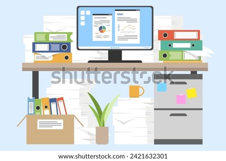 Pile of paper documents and file folders on desk with monitor, Unorganized document on table, Worktables with many pile of papers concept.