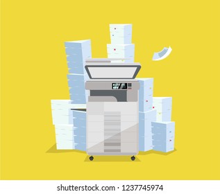 A pile of paper and documents stands above multifunction printer scanner. The copier is open for manual scanning stack of sheets. A lot of paperwork concept. Flat cartoon vector illustration.
