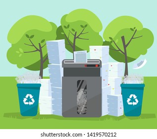 A pile of paper and documents stands above big floor shredder in front on green trees. Many paperwork concept. Huge stacks of used paper and plastic recycle bins. Flat cartoon vector illustration.