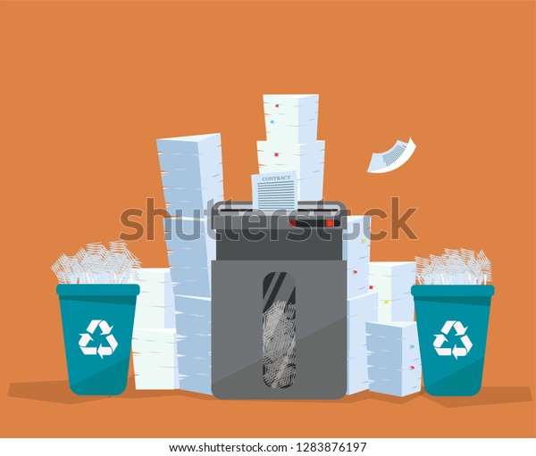A pile of paper and documents stands above\
big floor shredder. . Many paperwork concept. Huge stacks of used\
paper and plastic recycle bins full of scraps of paper. Flat\
cartoon vector illustration.