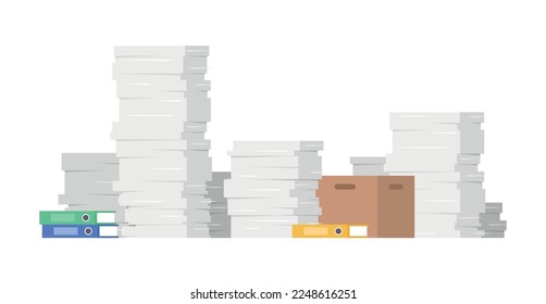 A pile of paper documents and work. Green, blue and yellow office file organiser. Brown carton paper box containing documents. Bureaucracy, and paperwork in office. Vector illustration in flat style