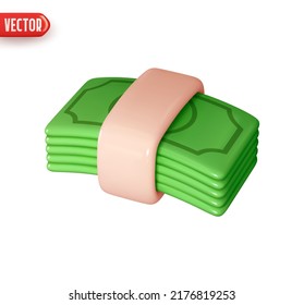 Pile paper dollar bill. Realistic 3d design In plastic cartoon style. Icon isolated on white background. Vector illustration