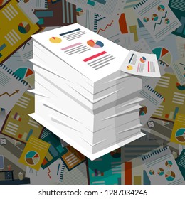 Pile of Paper with Graphs on Paperwork Background. Vector Business Concept with Taxes Documents.
