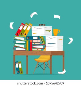 Pile Of Papers, Documents And File Folders On Office Table Concept. Unorganized Messy Papers Stress, Deadline, Bureaucracy Hard Paperwork Flat Vector Cartoon Illustration. 