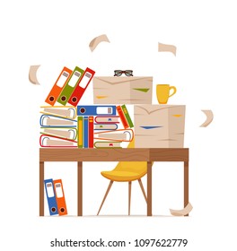 Pile of papers, documents and file folders on office table concept. Unorganized messy papers stress, deadline, bureaucracy hard paperwork flat vector cartoon illustration. 