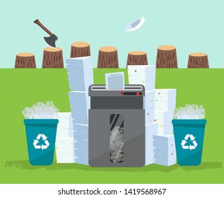 A pile of papers and documents stands above big floor shredder in front of many stumps. Many paperwork concept. Huge stacks of used paper and plastic recycle bins. Flat cartoon vector illustration.