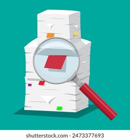 Pile of papers. Office documents heap and magnifying glass. Routine, bureaucracy, paperwork, big data, repository, archive, search, office. Vector illustration in flat style