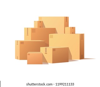 Pile of parcel boxes, stacked sealed goods in cardboard. Realistic packages with adhesive tape isolated on white. Carton packs vector delivery icons