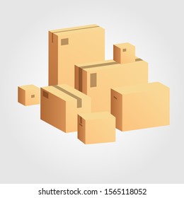 Cajones de cartón de paquetería apilados de productos sellados. - Vector