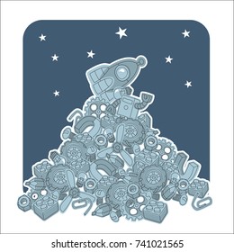 A pile of parts and components with rocket on top and stars in the sky. Hand drawn vector illustration with rocket, robot, wheel, gear, propeller, screw, magnet, nut, constructor brick and lamp.