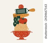 A pile of pasta ingredients. Colander with spaghetti and tomato with basil and parmesan cheese