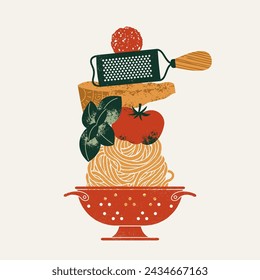 A pile of pasta ingredients. Colander with spaghetti and tomato with basil and parmesan cheese