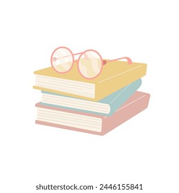 Pile of pastel books with cute pink glasses isolated on white background. Book lover, bookworm, library, leisure, studying, reading, reader, book club concept. Flat vector illustration.