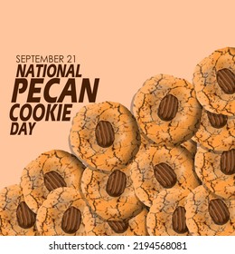 Pile von Pecan-Cookies mit fett gedrucktem Text auf hellbraunem Hintergrund zum Feiern des Nationalen Pecan-Cookie-Tages am 21. September