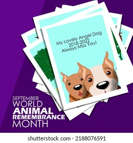 Pile Of Photos Of Pet Dog Memories With Bold Text On Dark Purple Background, World Animal Remembrance Month On September