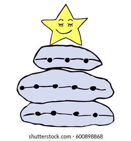 Pile of pillows with buttons drawn in line art and coloured with blue with sitting and laughing star. Symbol for bedtime and sleep. Boys and girls bed