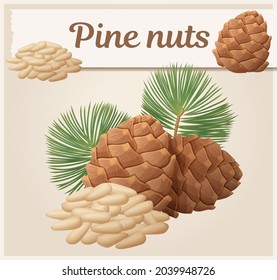 A pile of pine nuts, pine cones and branches vector illustration. Seeds of pine tree cartoon icon